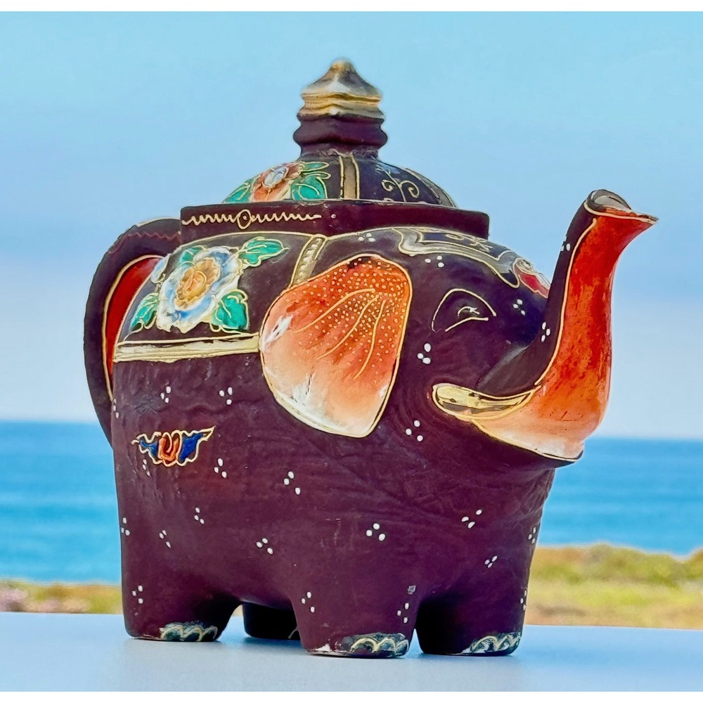 Elephant Teapot Made In Japan Moriage Hand Painted Art Deco Kutani Style Enamel